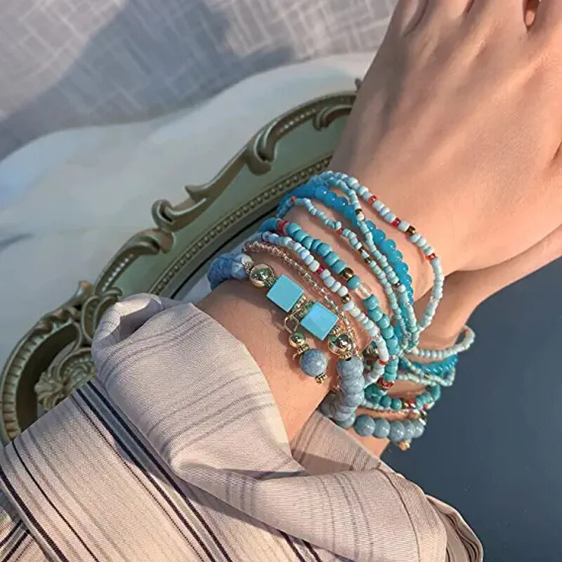 8 tk/komplekt Bohemian käsitööna valmistatud helmestest käevõrude komplekt naiste suvine värviline helmeskett käevõru Käevõru tüdrukutele Boho ehted aksessuaarid