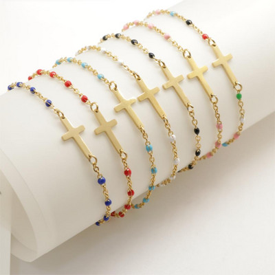 Нови модни гривни от неръждаема стомана връзка кабел верига кръст златен емайл гривна бижута за жени подаръци 18 см дължина, 1 бр.