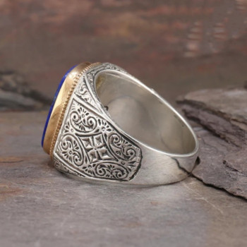 Ρετρό Χειροποίητα Τουρκικά δαχτυλίδια λάπις λάζουλι για άνδρες Αρχαίο ασημί χρώμα σκαλισμένο δαχτυλίδι Mystic Zircon Inlay Νέο Punk Motor Biker Ring