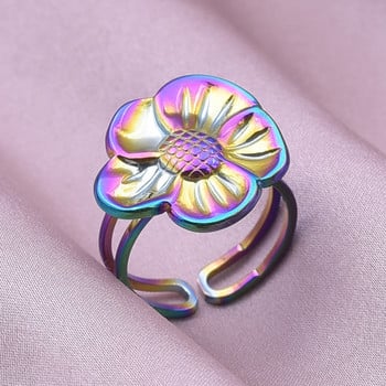 GLOWCAT Красиви пръстени с цветя за дамски аксесоари Трицветен пръстен от неръждаема стомана Двуслоен отворен регулируем бижу Подарък