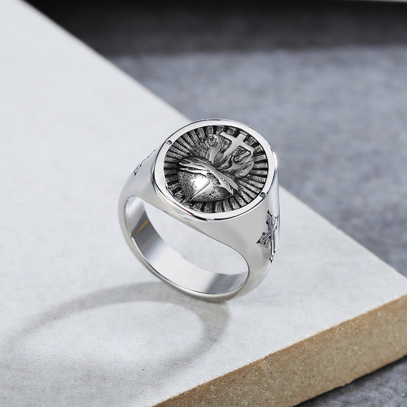 Vintage meeste Püha Jeesuse Süda Risti Ring Punk 316L Roostevabast Terasest Sõrmus Meestele Naiste Retro Amulett Kristlikud Ehted