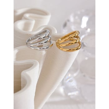 Yhpup Неръждаема стомана Геометрични кухи многослойни широки пръстени с метална текстура Водоустойчиви ежедневни прости стилни златни бижута за жени