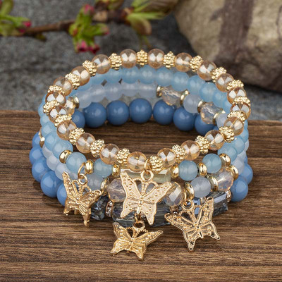 4Gb Bohemian Butterfly Charm Rokassprādzes Komplekts Sievietēm Kristāla Pērlītes Ķēdes Rokassprādze Sieviešu Modes Ballīte Juvelierizstrādājumi Dāvana
