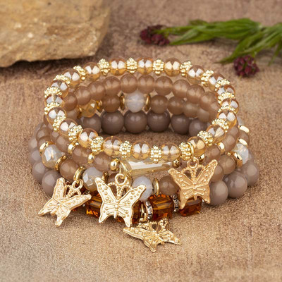 4Gb Bohemian Butterfly Charm Rokassprādzes Komplekts Sievietēm Kristāla Pērlītes Ķēdes Rokassprādze Sieviešu Modes Ballīte Juvelierizstrādājumi Dāvana