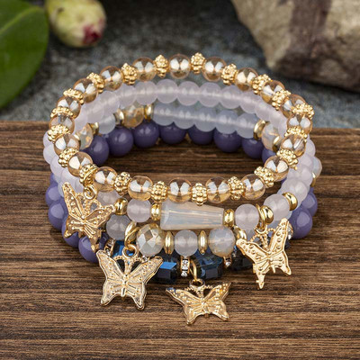 4Gb Bohemian Butterfly Charm Rokassprādzes Komplekts Sievietēm Kristāla Pērlītes Ķēdes Rokassprādze Sieviešu Modes Ballīte Juvelierizstrādājumi Dāvana