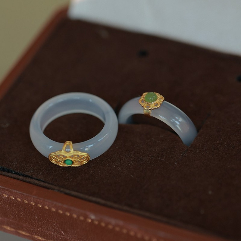 Svježi oblaci Imitacija žada Umetci Niche Dizajn Kineski stilski prsten Prsten od kalcedona Prsten Prsten s cvijećem Ženski dodaci