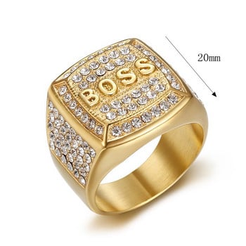 Ανοξείδωτο ατσάλι Titanium Hip Hop Luxury Zircon Bling Iced Out BOSS δαχτυλίδια για άνδρες Γυναίκες Δώρο ζευγάρια Boyfriends Κοσμήματα μόδας