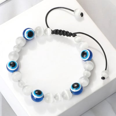 Blue Evil Eye Pērlītēm Rokassprādzes Dabīgs Cat Eye Stone 6 8mm Opāls Vīriešu Rokassprādzes Regulējamas Sieviešu Rokassprādzes Lucky Joga Rotaslietas Dāvanas