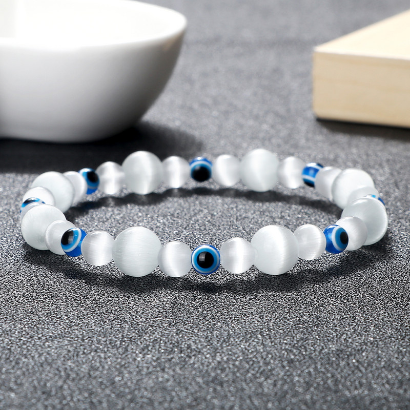 Blue Evil Eye Pērlītēm Rokassprādzes Dabīgs Cat Eye Stone 6 8mm Opāls Vīriešu Rokassprādzes Regulējamas Sieviešu Rokassprādzes Lucky Joga Rotaslietas Dāvanas