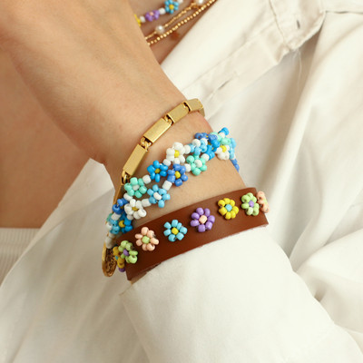 Amorcome Korea Daisy Flower Crystal Glass Beads Модна дамска гривна Bohemian Colorful Charm Кожена гривна Ръчно изработени бижута