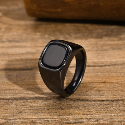 Стилни пръстени с черен камък за мъже, водоустойчив метален пръстен с печат от неръждаема стомана, подаръци за него, anel masculino