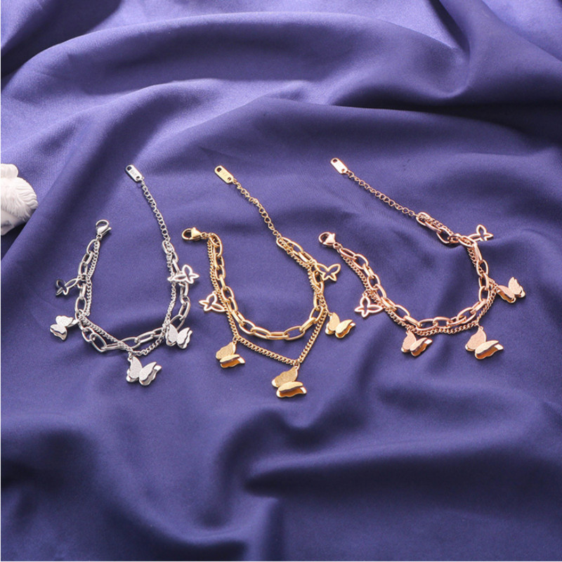 316L nerūsējošā tērauda Jaunas modes izsmalcinātas rotaslietas, vairāku elementu 2 slāņu matēti tauriņi, šarmu ķēde, biezas rokassprādzes sievietēm