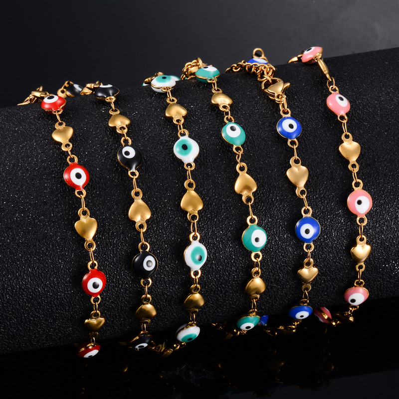 Emalja Evil Turkish Eye Rokassprādzes Nerūsējošā tērauda saišu ķēde roku pēdām sievietēm Rokassprādzes Sirds potītes potītes rotaslietas aksesuāri