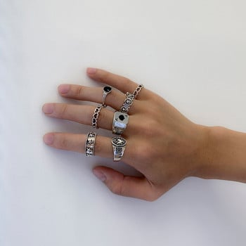 7 бр./компл. Готически издълбани сърцевини покер Антични сребърни цветни пръстени за мъже Реколта Геометрични кокалчета Уличен пръстен Аксесоари Steampunk