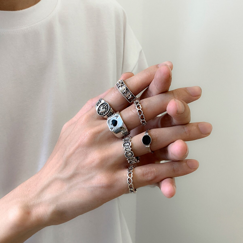 7db/szett Goth faragott szív póker antik ezüst színű férfi gyűrűk Vintage geometrikus csülök utcai gyűrű tartozékok Steampunk