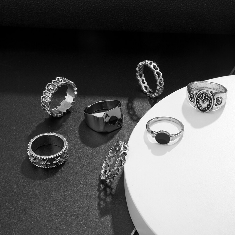 7db/szett Goth faragott szív póker antik ezüst színű férfi gyűrűk Vintage geometrikus csülök utcai gyűrű tartozékok Steampunk