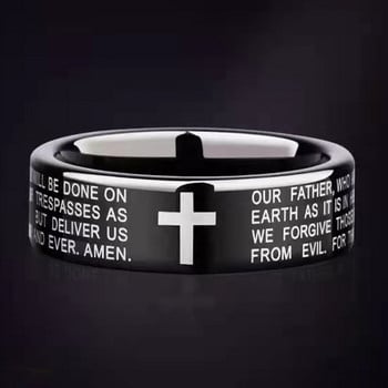 Черен цвят от неръждаема стомана, пръстен с кръст на Исус, буква, библейска молитва, пръстени за пръсти за мъже, библейски кръст, пръстени за жени Бижута на Исус