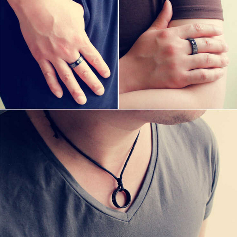 Prsten od nehrđajućeg čelika crne boje s Isusovim križem, pismom, biblijskim molitvama, prstenje za prste za muškarce, biblijsko križno prstenje za žene, Isusov nakit