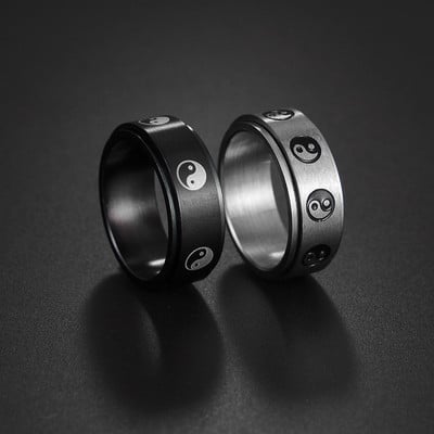 Tradiciniai kiniški Ying Yang žiedai vyrams, moteriški 8 mm juodi, pasukami nerūdijančio plieno egzorcizmo apkalbų vyriški maldos papuošalai