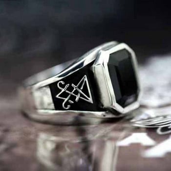 Винтидж готически печат на Луцифер на Сатана Пръстени с печат Пънк пръстени с печат от неръждаема стомана с черен камък Езически бижута Парти мъжки подарък