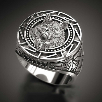 Винтидж релефен пръстен с глава на древен вълк за мъже Viking Gothic Steampunk Hip Hop Carved Animals Pattern Party Club Gift