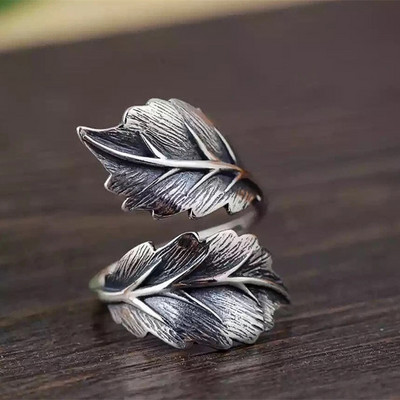 Huitan Punk Leaf Opening Ring for Women Antique Silver Color Hip Hop Girls Accessories Vintage Rings Adjustable Finger Jewelry