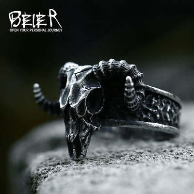 Beier 316L Stainless Steel Nose Viking Ancient Dish Sheep Head Skull Man Ring Vintage Opening Animal Jewelry BR8-042