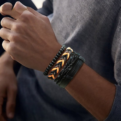 4-ühes punutud nahast käevõrud meestele Vintage elupuust rool, puidust helmed, etniliste hõimude randmepaelad