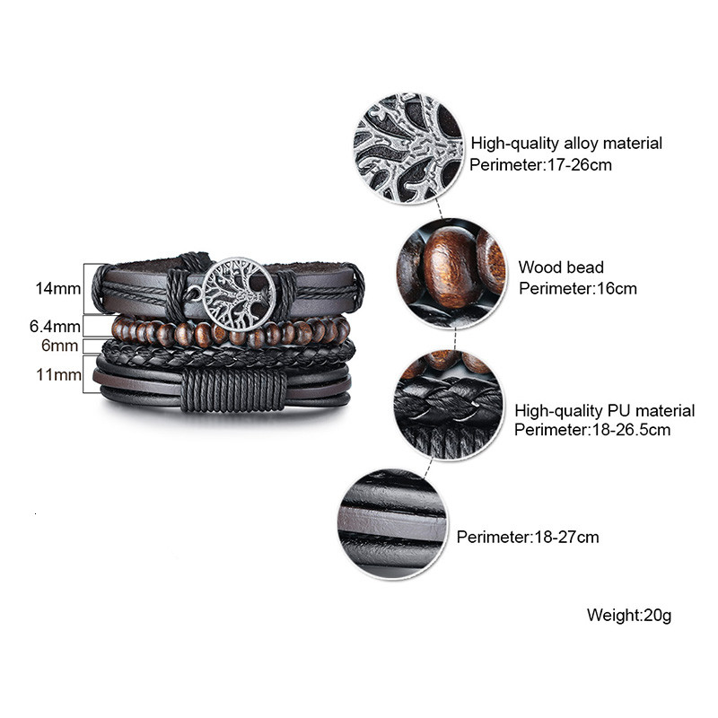 4-ühes punutud nahast käevõrud meestele Vintage elupuust rool, puidust helmed, etniliste hõimude randmepaelad