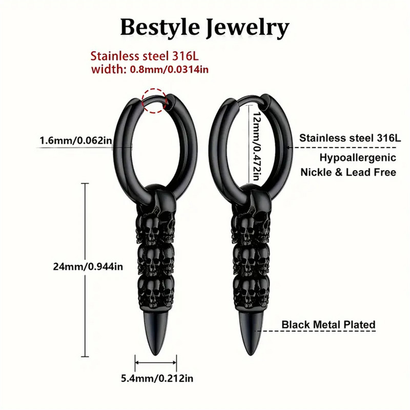 2 τμχ 316L ανοξείδωτο ατσάλι μόδας γοτθικά σκουλαρίκια σφαίρα κρανίου, κρεμαστό κρανίο Υποαλλεργικότητα Κοσμήματα για διάτρηση χόνδρου στο αυτί