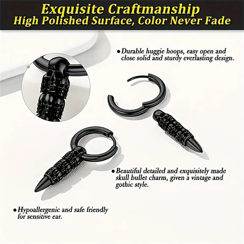 2 τμχ 316L ανοξείδωτο ατσάλι μόδας γοτθικά σκουλαρίκια σφαίρα κρανίου, κρεμαστό κρανίο Υποαλλεργικότητα Κοσμήματα για διάτρηση χόνδρου στο αυτί