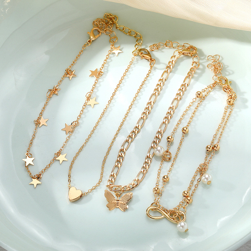 IFKM Gold Color Vintage Butterfly jalavõru komplekt Naistele Mitmekihiline Reguleeritav Love Jalaketi Käevõru Jalajal Rannaehted