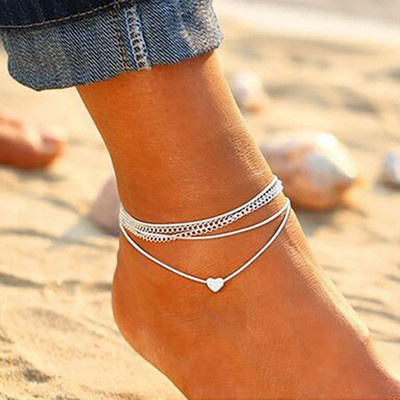 Бохемски сребърен цвят гривна за глезена на крака Модни сърце Женски глезени за боси крака за жени Верига за крака Beach Foot Jewel
