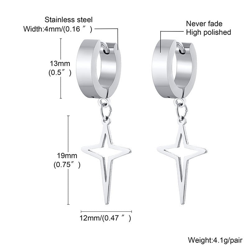 Zvaigžņu stīpa, nerūsējošā tērauda zvaigžņu auskari, Polaris Dangle Hoop auskari, Stars Charm auskari vīriešiem, sieviešu rotaslietas
