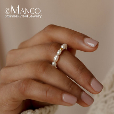 eManco Корейски имитация на перли Минималистичен пръстен с пръсти с перли Бял кръгъл перлен пръстен Подарък за годишнина от сватба