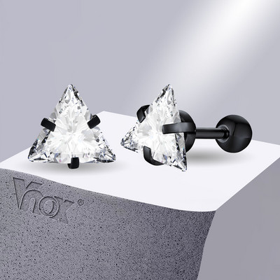Стилни триъгълни обеци Vnox за мъже, жени, унисекс бижута с щипка за уши AAA CZ камък, рок пънк ретро аксесоар