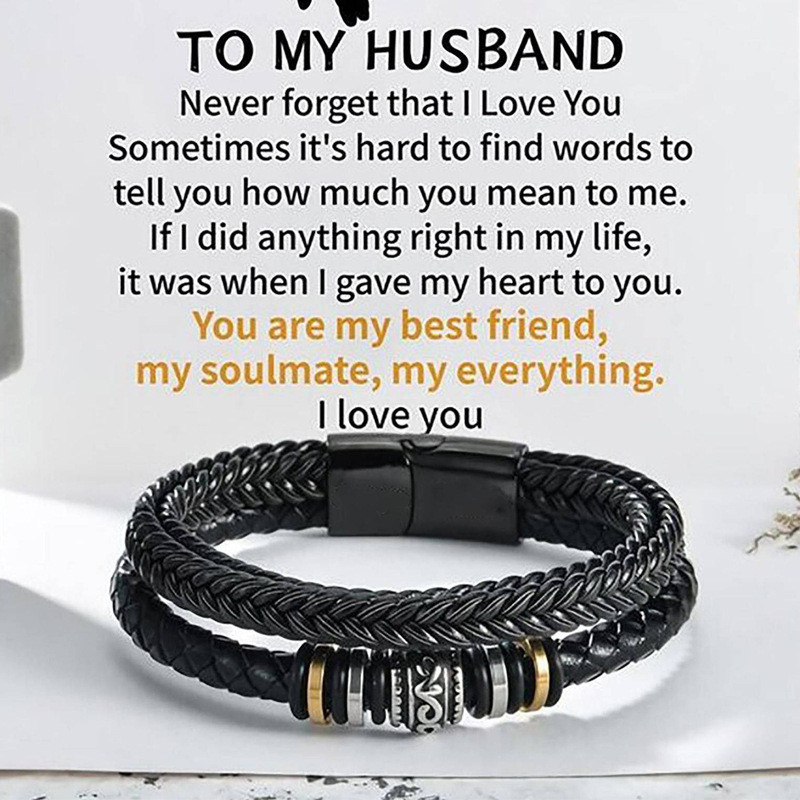 Punutud nahast käevõru minu pojale "Ära kunagi unusta, kui väga ma sind armastan" Punutud käevõrud meestele, kaherealine magnetkinnitus