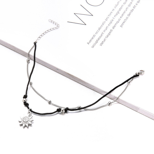 S014 Vintage Boho daudzslāņu krelles potītes sievietēm Modes saules kulons potītes roku darbs ķēdes pēdu ballītes rotaslietas kāju rokassprādze