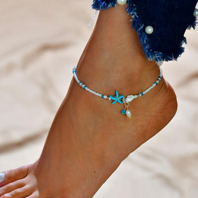 Modyle Shell Anklet Beads Морска звезда Анкети за жени Модни ретро ръчно изработени сандали Изявление Гривна Foot Boho бижута