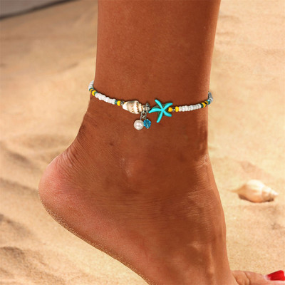 1 τμχ Boho Starfish Beaded Anklets with Conch Fashion Γυναικείες ρυθμιζόμενες χάντρες ρυζιού Βραχιόλια στον αστράγαλο Κοριτσίστικα καλοκαιρινά κοσμήματα ποδιών