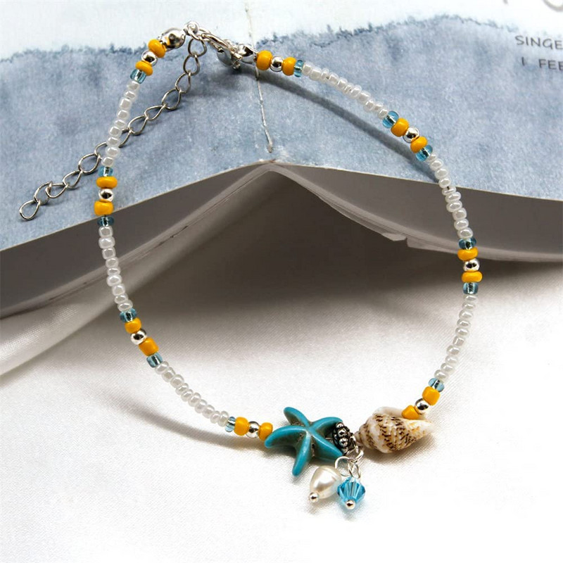 1 τμχ Boho Starfish Beaded Anklets with Conch Fashion Γυναικείες ρυθμιζόμενες χάντρες ρυζιού Βραχιόλια στον αστράγαλο Κοριτσίστικα καλοκαιρινά κοσμήματα ποδιών