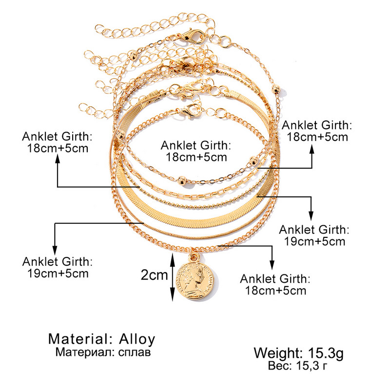 IPARAM 6tk ketid Mitmekihiline metallist jalavõru naistele helmestega mündiripatsiga jalavõru jalavõru Moeehted kingitused