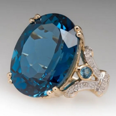 Изящни овални инкрустирани пръстени със син циркон Луксозни златни парти годежни пръстени за жени Модни бижута
