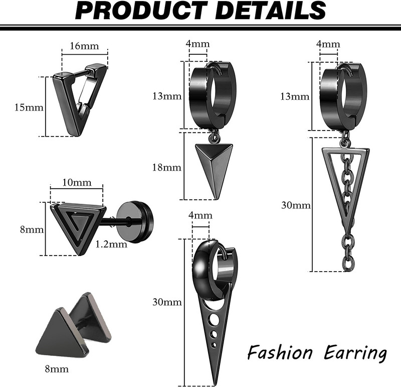 1 paari roostevabast terasest rippuvad kolmnurkkõrvarõngad meestele naistele geomeetrilised punk-kpop Huggie hingedega kõrvarõngad