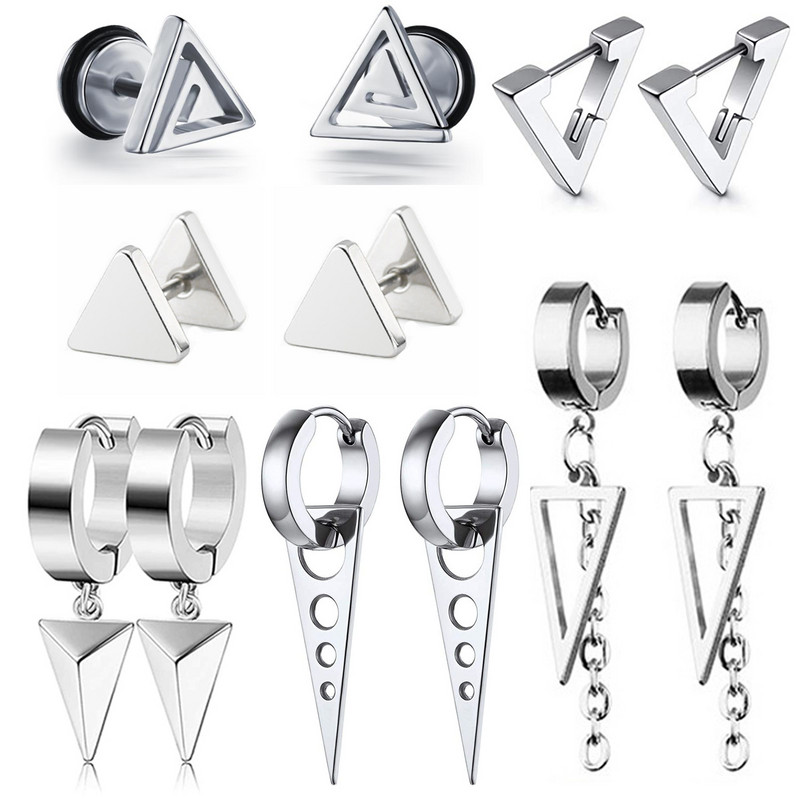1 paari roostevabast terasest rippuvad kolmnurkkõrvarõngad meestele naistele geomeetrilised punk-kpop Huggie hingedega kõrvarõngad