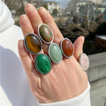 Δαχτυλίδι από φυσική πέτρα για γυναίκες Vintage Ασημί Χρώμα Aventurine Πέτρινα δαχτυλίδια Big Cabochon Ανοιχτό Δαχτυλίδι Ρυθμιζόμενο Ανδρικό Γυναικείο κόσμημα