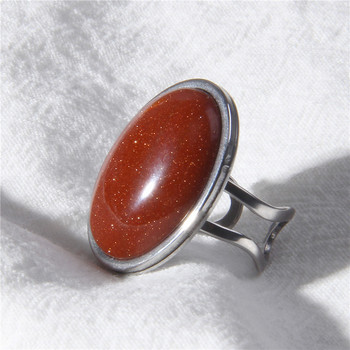 Пръстен от естествен камък за жени Винтидж сребърен цвят Пръстени с камък авантюрин Голям отворен пръстен с кабошон Регулируеми мъжки женски бижута