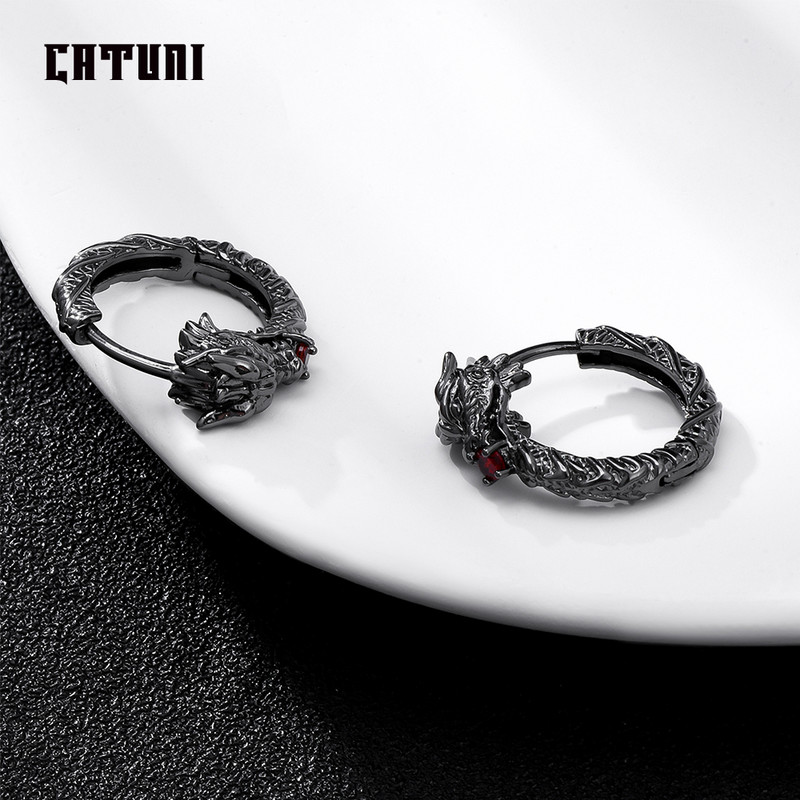 Catuni Hot Dragon Goth Punk Hoop Σκουλαρίκια Χάλκινο ένθετο Κόκκινο Ζιργκόν Hip Hop Rock Σκουλαρίκια Κοσμήματα Αξεσουάρ Δώρο για Άνδρα Γυναίκα