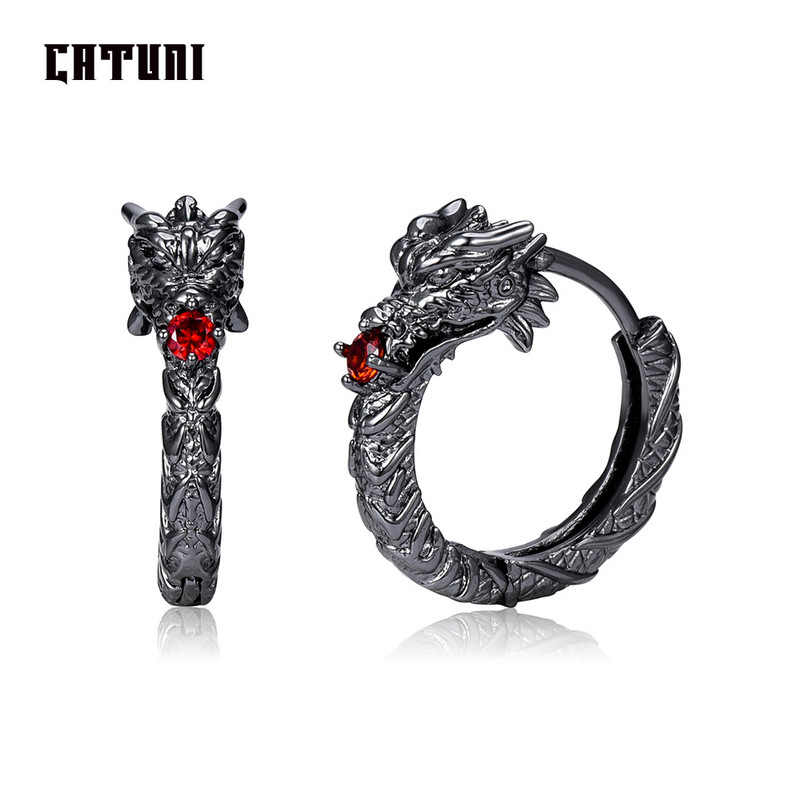 Catuni Hot Dragon Goth Punk Hoop Σκουλαρίκια Χάλκινο ένθετο Κόκκινο Ζιργκόν Hip Hop Rock Σκουλαρίκια Κοσμήματα Αξεσουάρ Δώρο για Άνδρα Γυναίκα