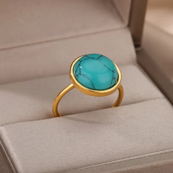 Кръгли пръстени от естествен камък от неръждаема стомана за жени Опал годежен сватбен пръстен Регулируеми Boho ретро бижута Подарък за Нова година